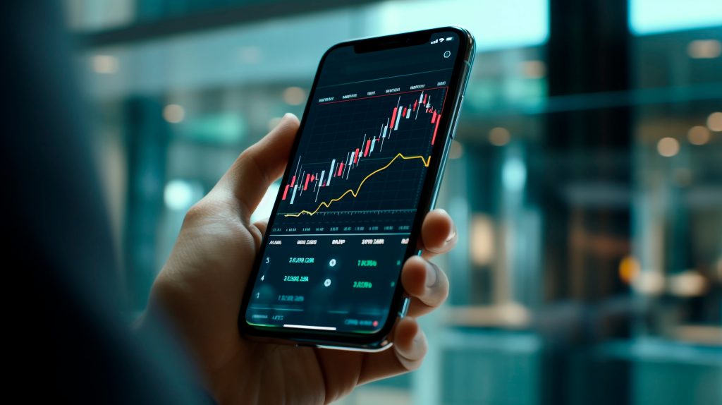 Eine Hand hält ein Smartphone, auf dem ein Energieverbrauchsdiagramm mit Linien und Balken angezeigt wird.