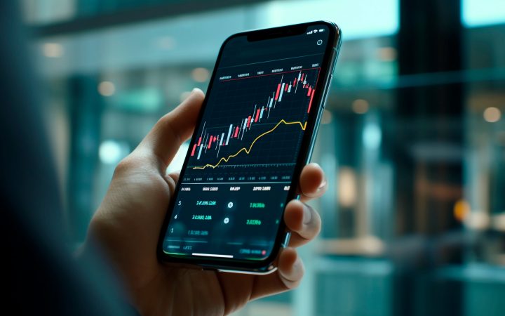 Eine Hand hält ein Smartphone, auf dem ein Energieverbrauchsdiagramm mit Linien und Balken angezeigt wird.